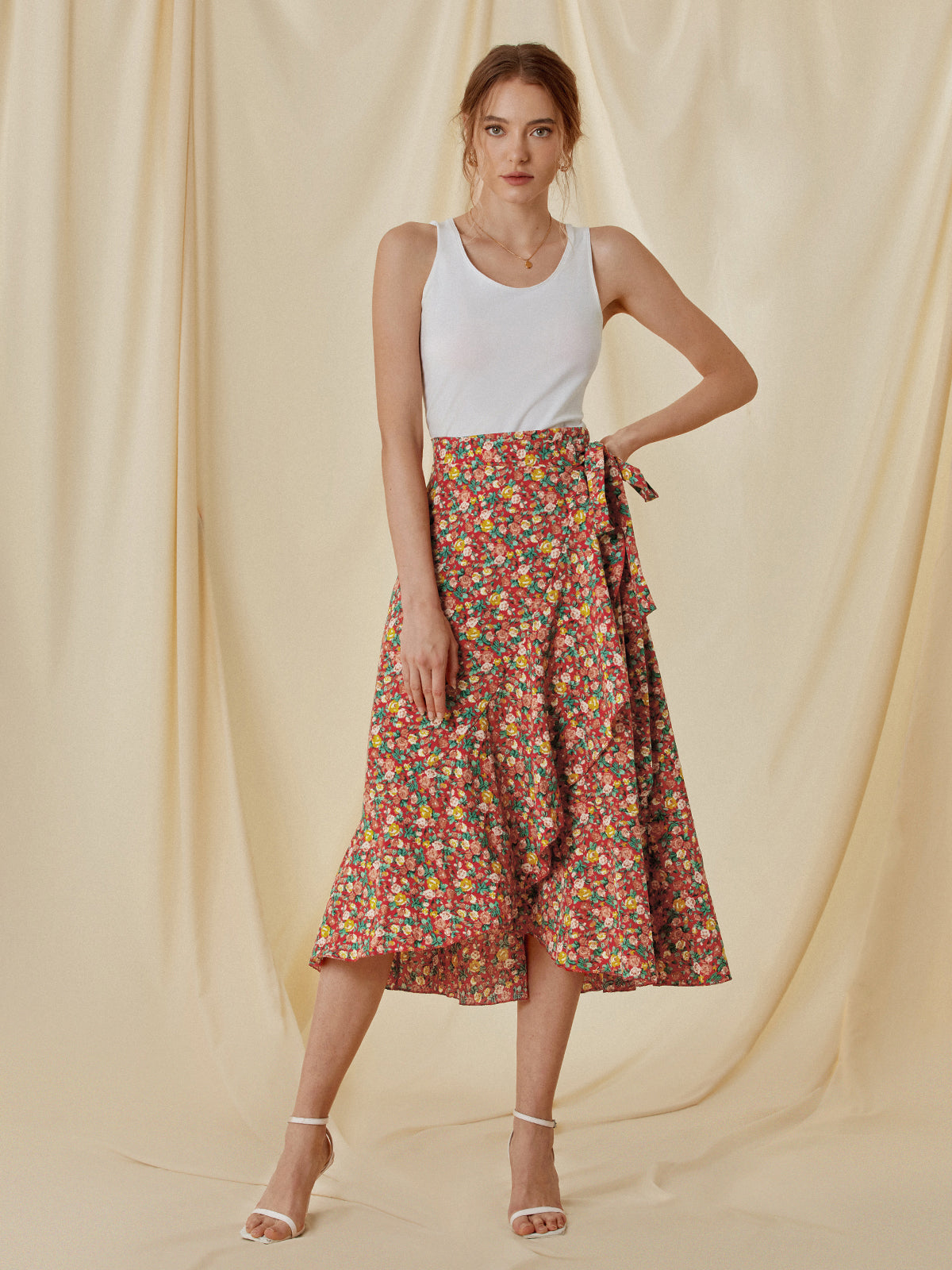 Thecomense - High Waisted Floral Ruffle Midi Skirt