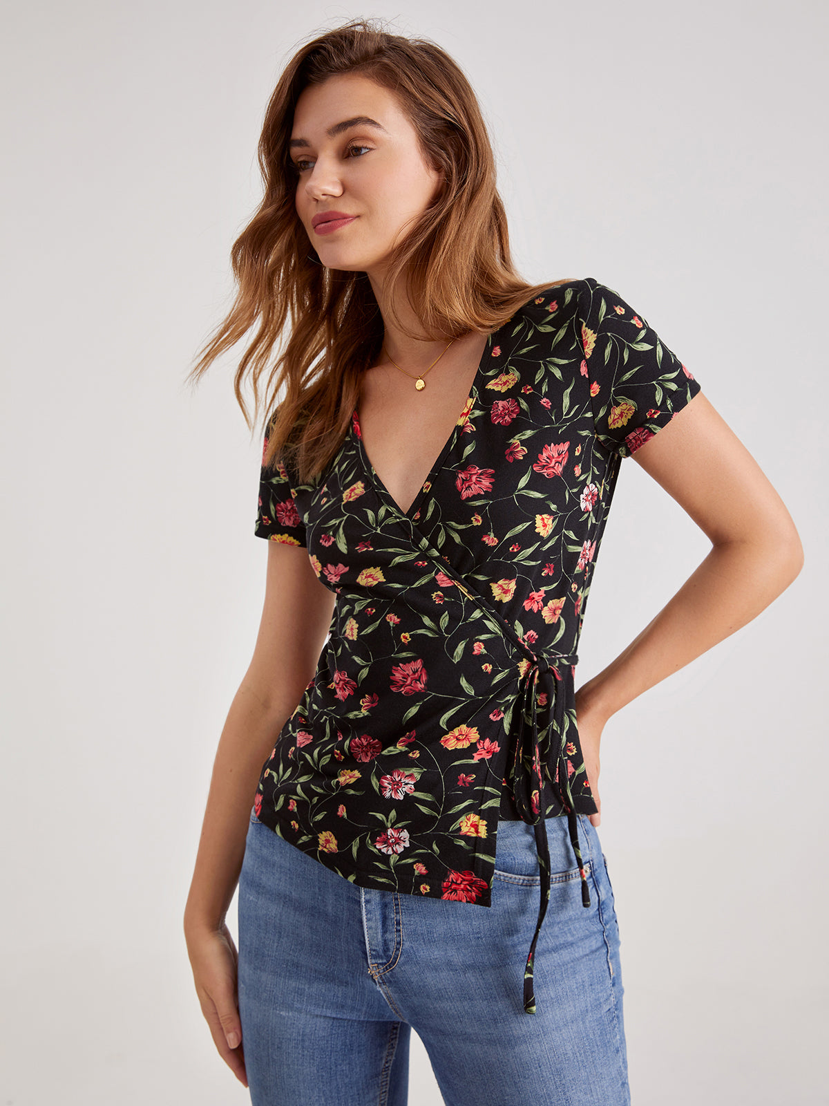 Thecomense - V-Neck Floral Wrap Tie Top