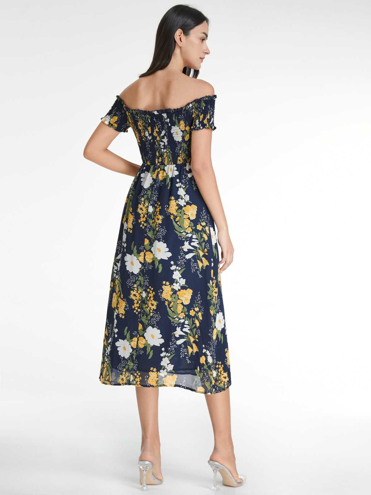 Thecomense - Off Shoulder Island Floral Ruffle Hem Mesh Midi Dress