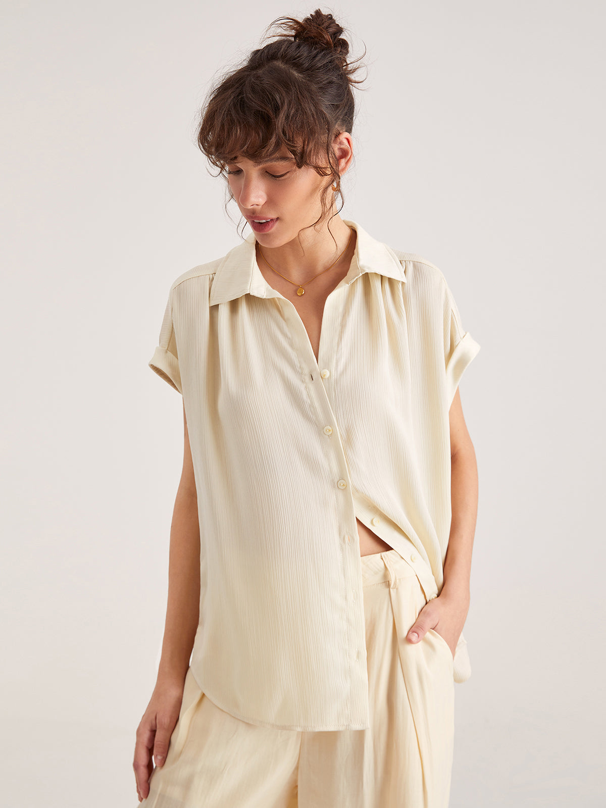 Thecomense - Drop Shoulder Pleat Button Up Shirt