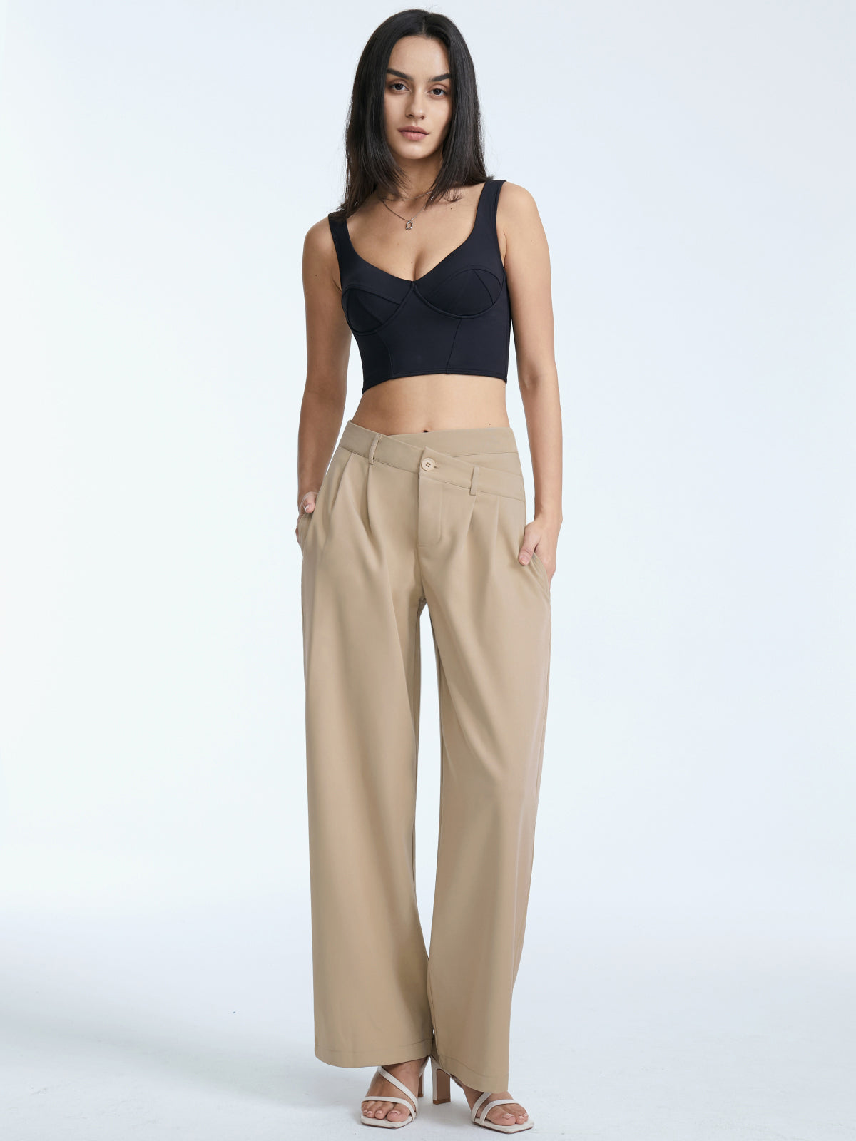 Thecomense - High Waisted Asymmetrical Pleat Front Wide Leg Trousers