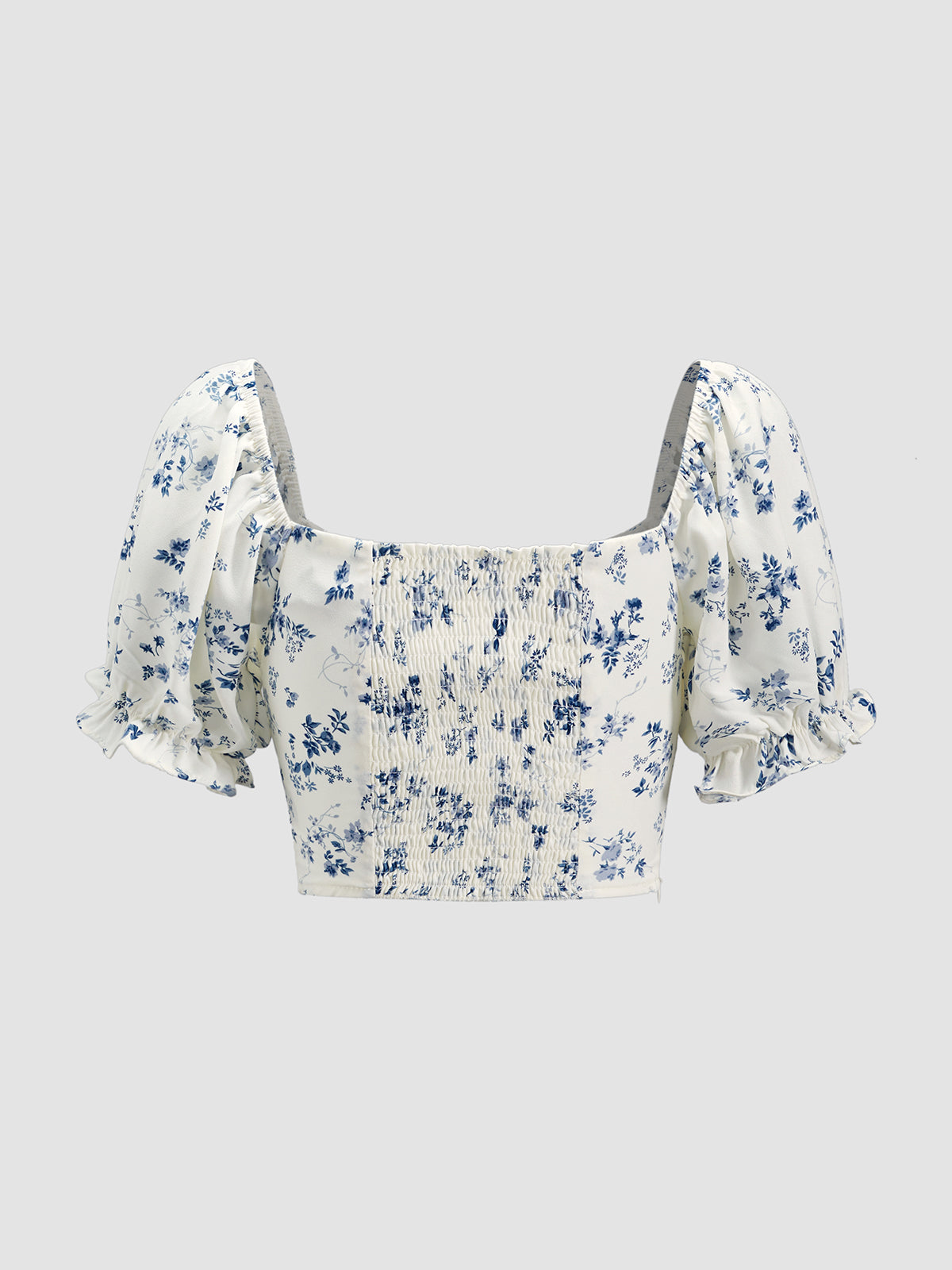 Thecomense - Short Puff Sleeve Floral Tie Front Top