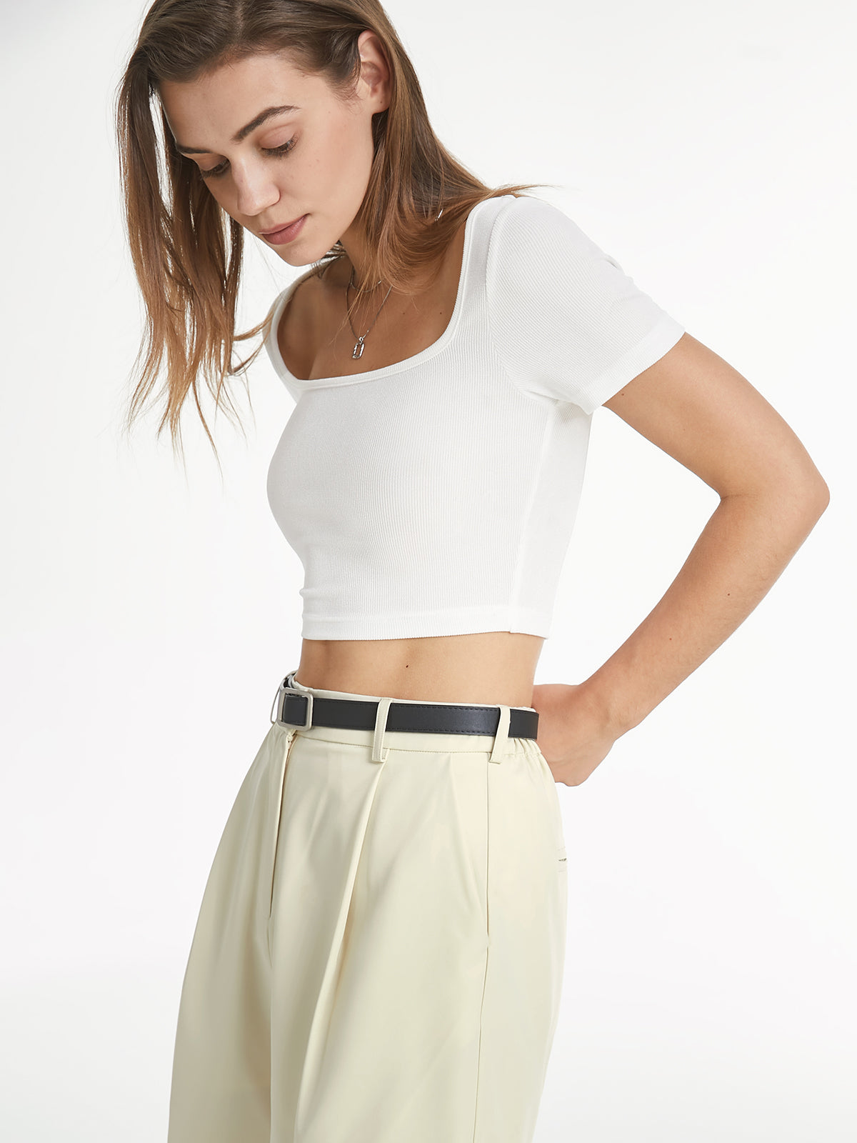Thecomense - Square Neck Stretch Cropped T-Shirt