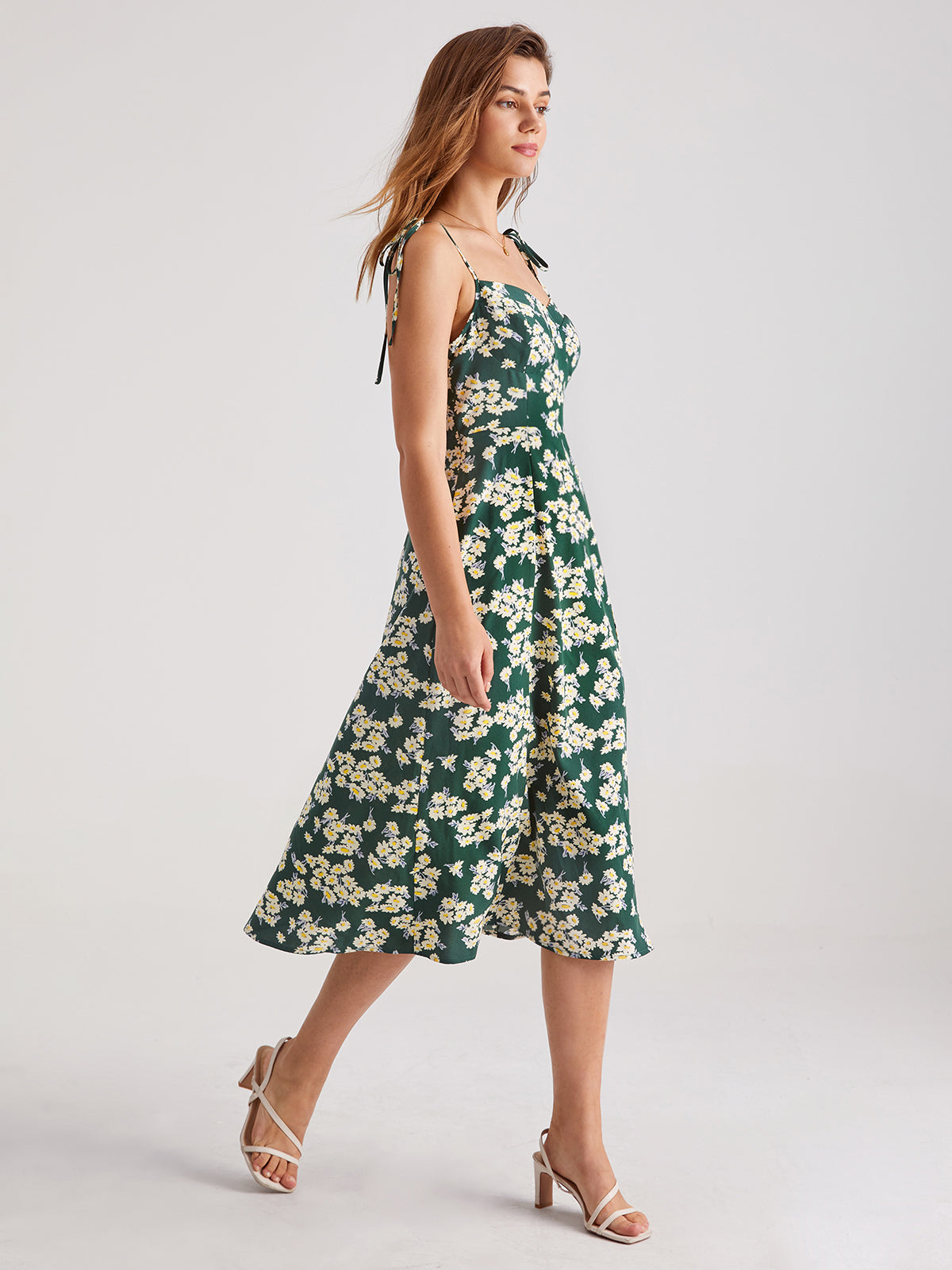 Thecomense - Emerald Green Sweetheart Strap Daisy Slit Dress