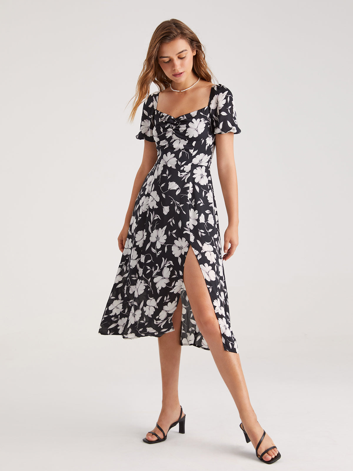 Thecomense - Short Puff Sleeve Square Neck Midi Slit Dress