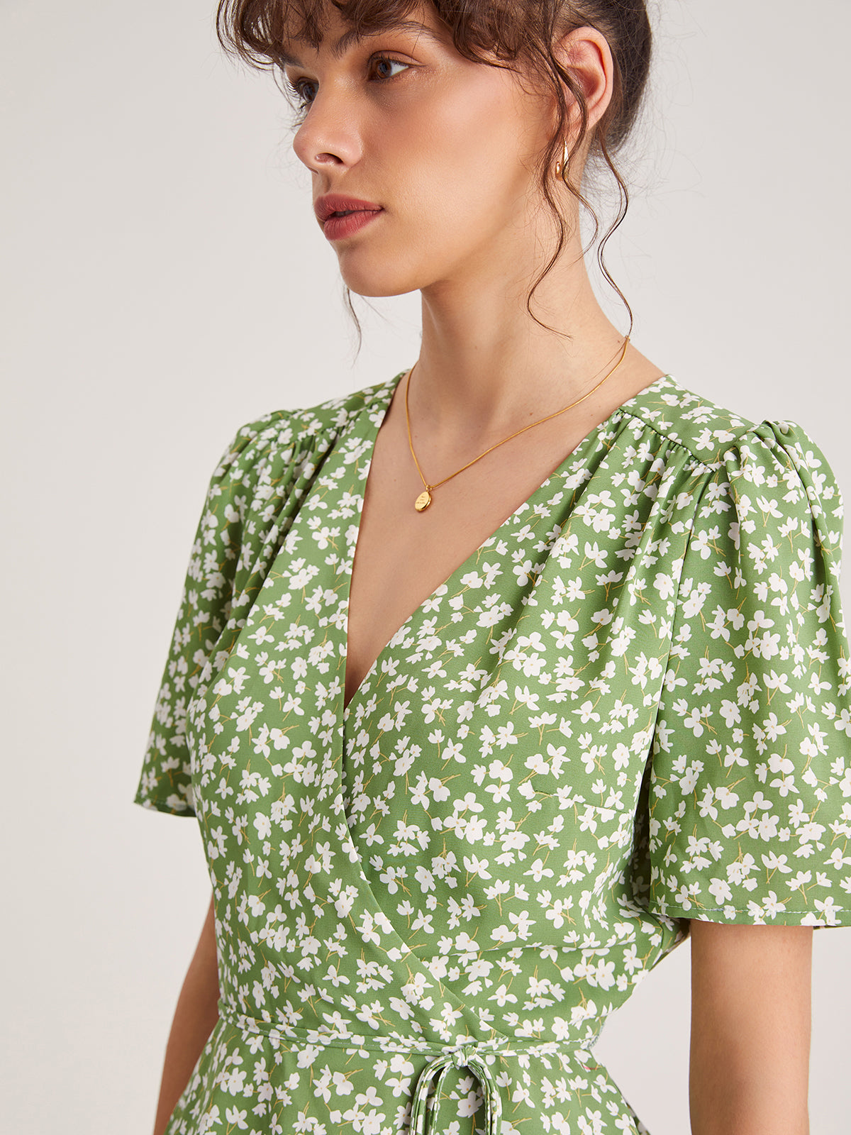Thecomense - Floral Shoulder Pleat Wrap Top
