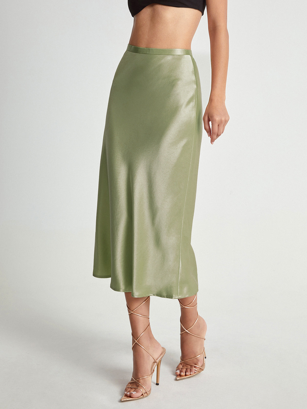 Thecomense - High Waisted Satin Flowy Midi Skirt
