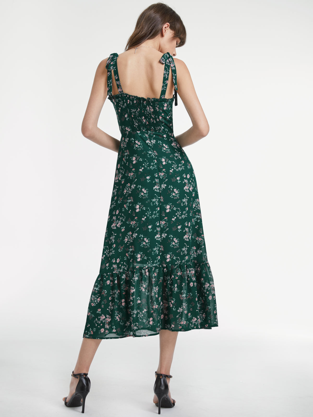 Thecomense - Wide Tie Strap Sweetheart Floral Dress With Ruffle Hem