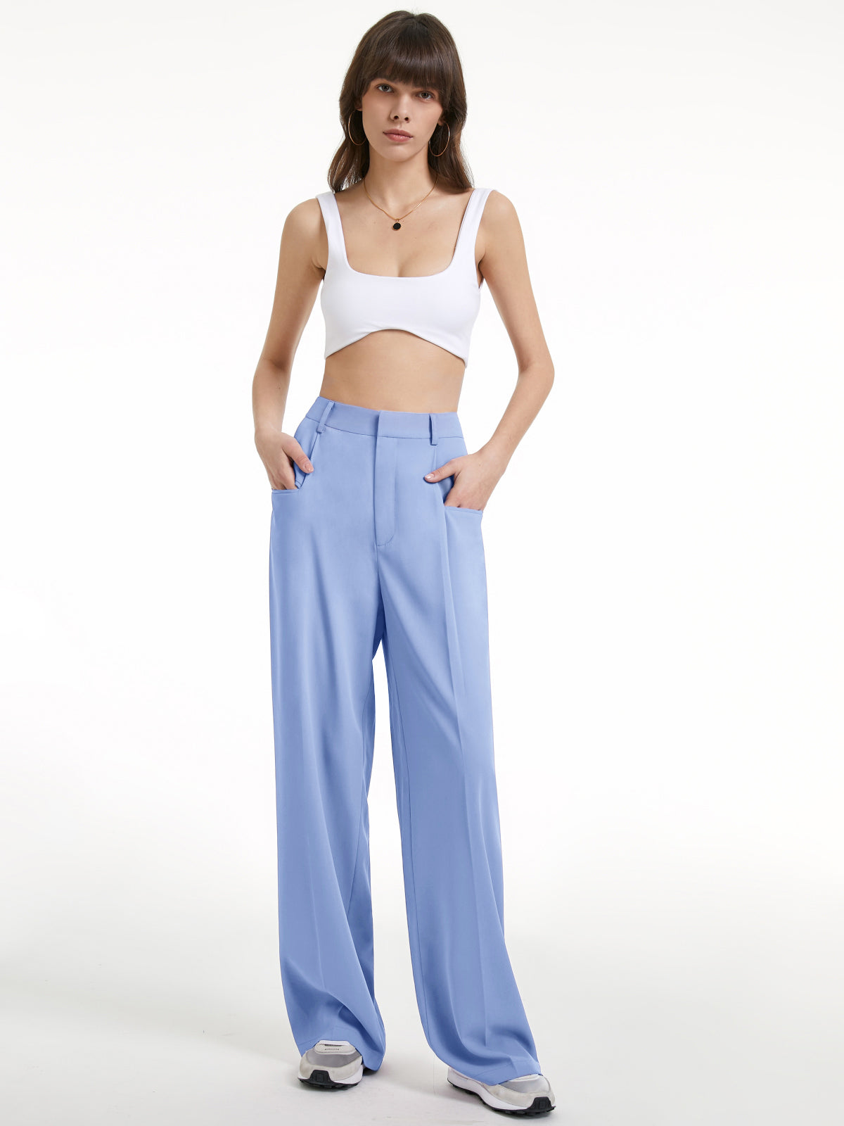 Thecomense - High Waisted Wide Leg Regular Fit Trousers