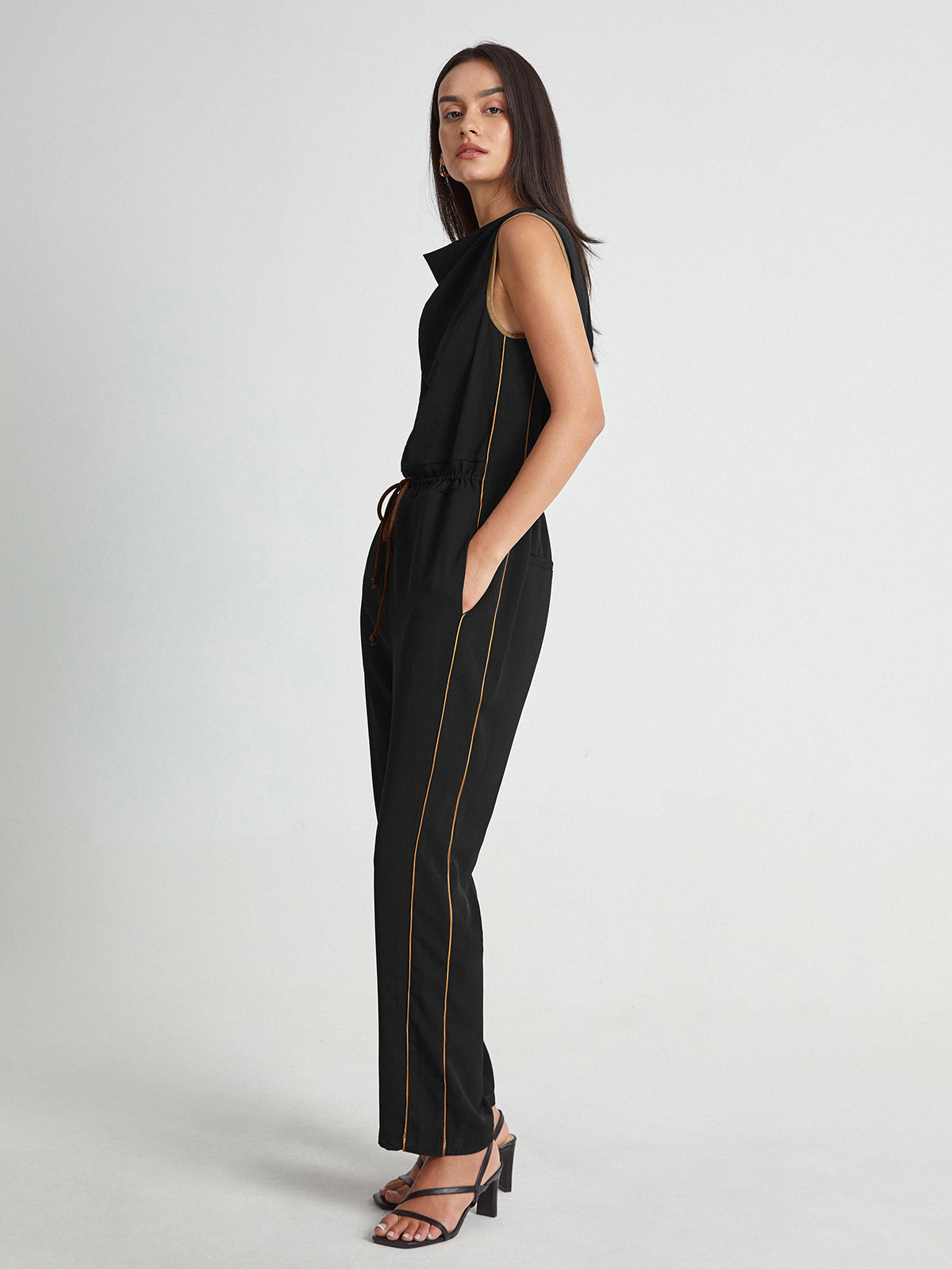 Thecomense - Sleeveless High Square Neck Elastic Waist Tapered Jumpsuit