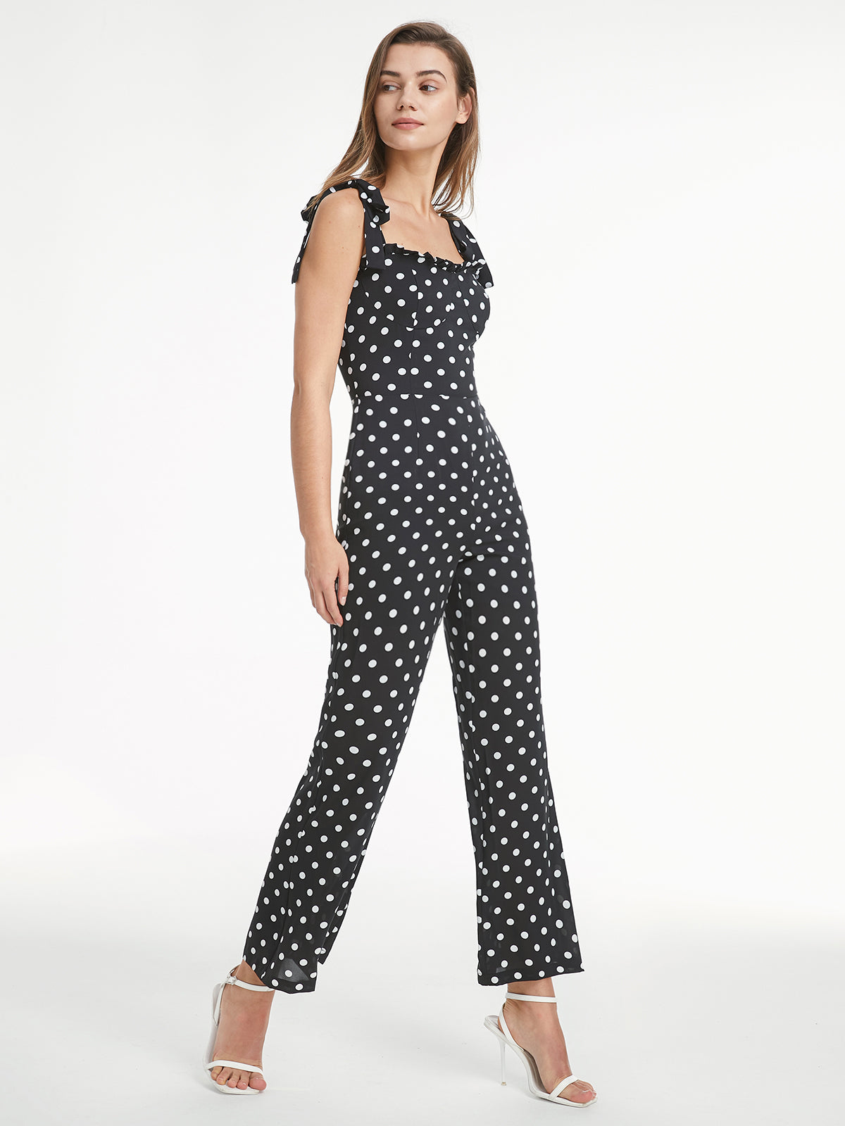 Thecomense - Square Neck Contrast Polka Dot Flare Leg Tank Jumpsuit