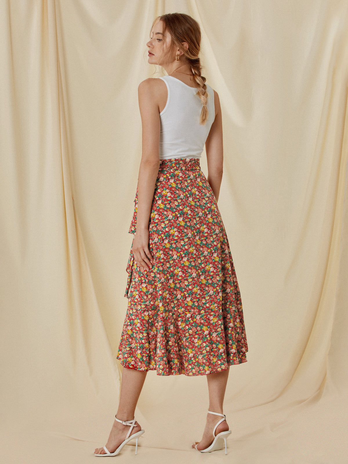 Thecomense - High Waisted Floral Ruffle Midi Skirt