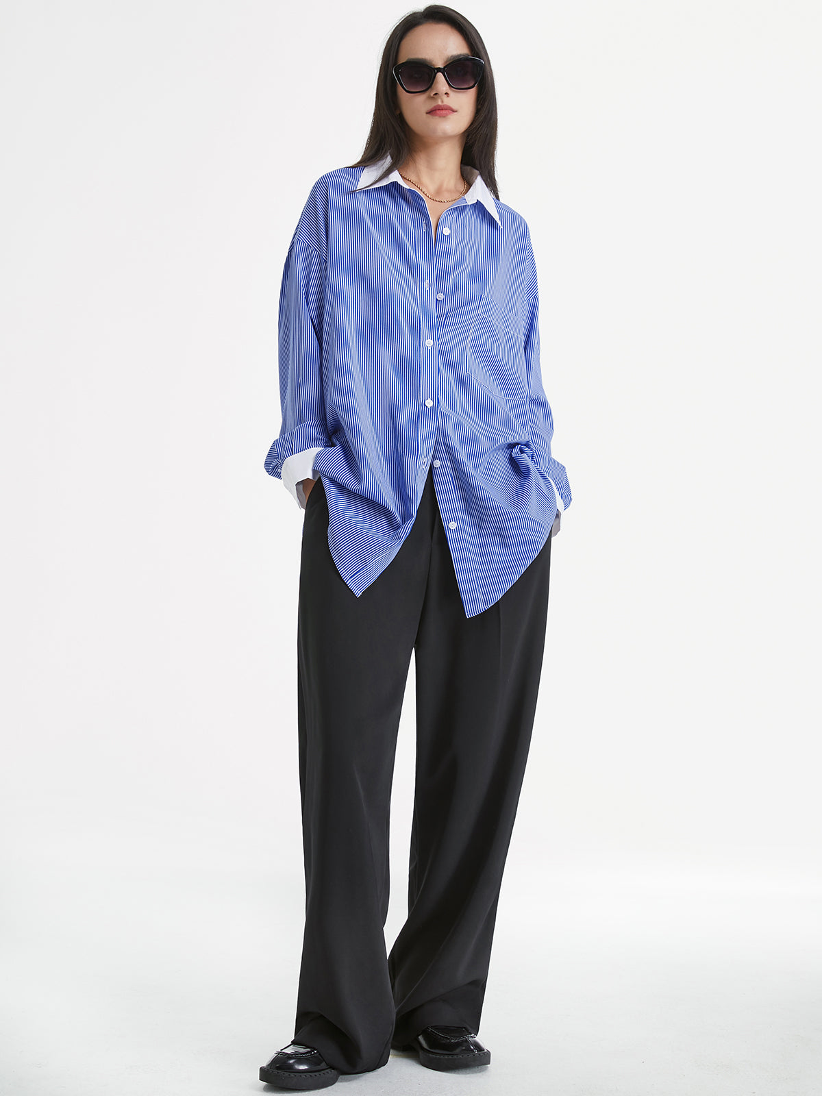 Thecomense - Striped Contrast Collar Cuff Oversized Dress Shirt