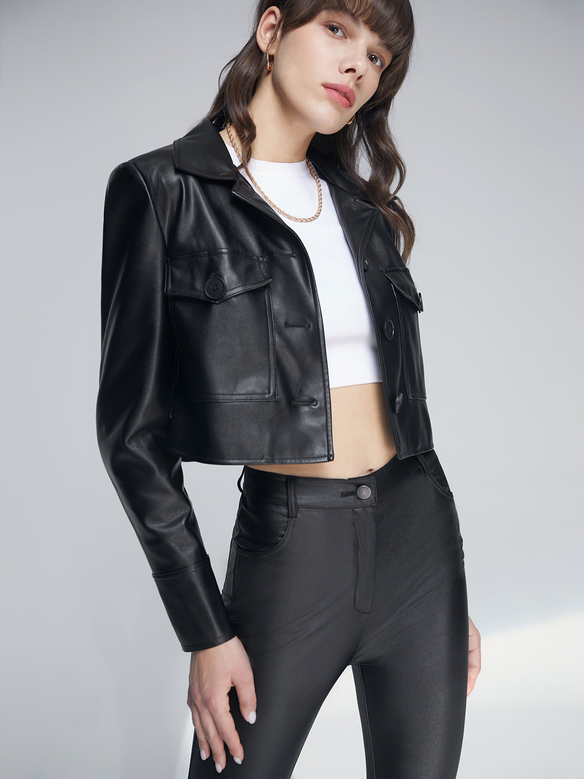 Thecomense - Cropped Double Front Pocket Leather Jacket
