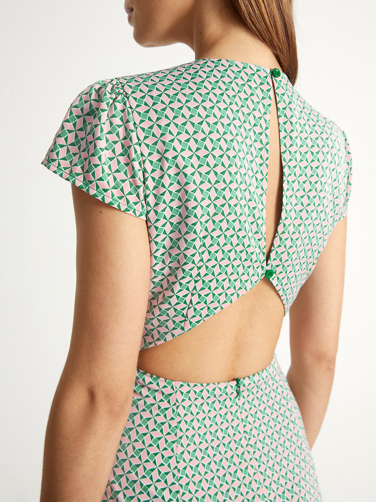 Thecomense - Shoulder Cap Diamond Print Slit Dress