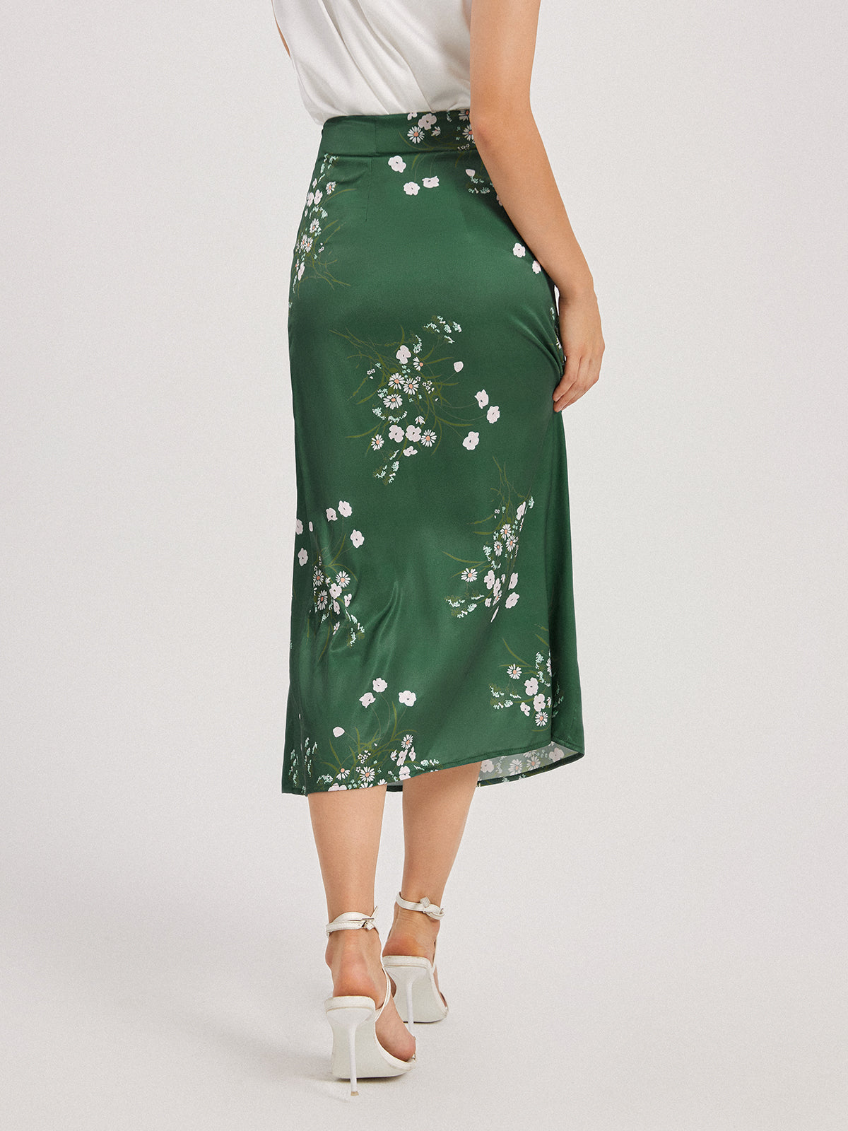 Thecomense - Floral Forest Emerald Green Satin Slit Skirt