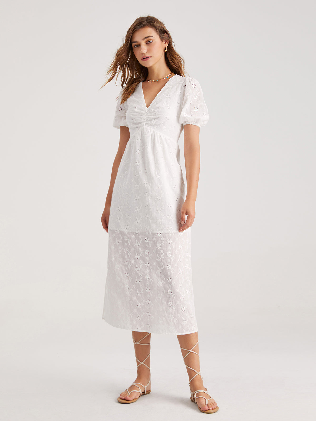 Thecomense - Short Puff Sleeve Eyelet M Dress