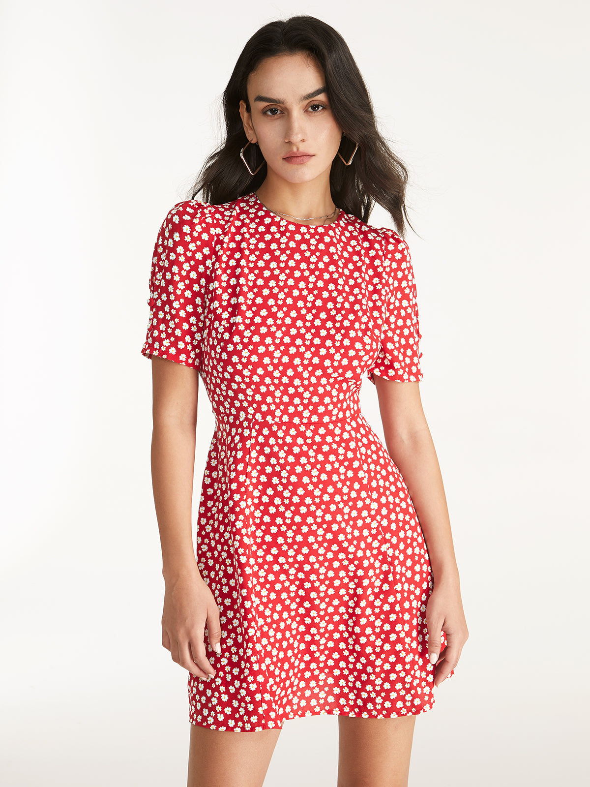 Thecomense - Straight Neck Short Puff Sleeve A Line Mini Dress