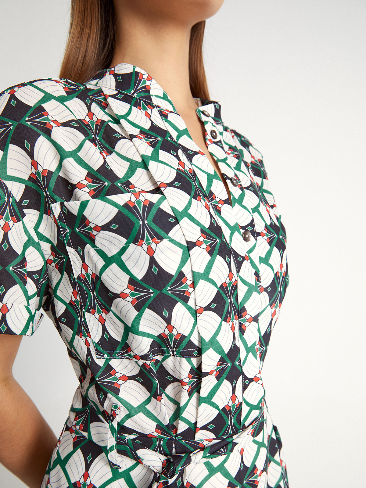 Thecomense - Kaleidoscope Button Up Short Sleeve Belt Tie Dress