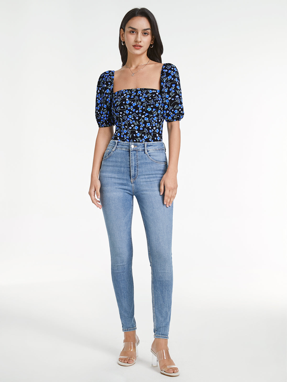 Thecomense - Square Neck Indigo Floral Short Puff Sleeve Top