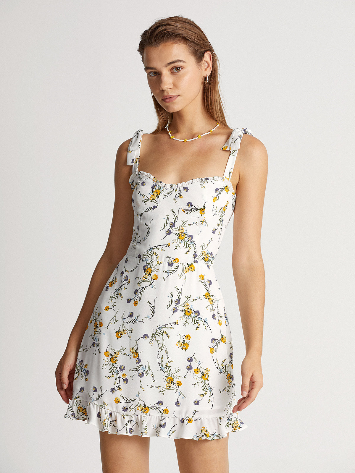 Thecomense - Ruffle Hem Tie Strap Garden Floral Stem Mini Dress