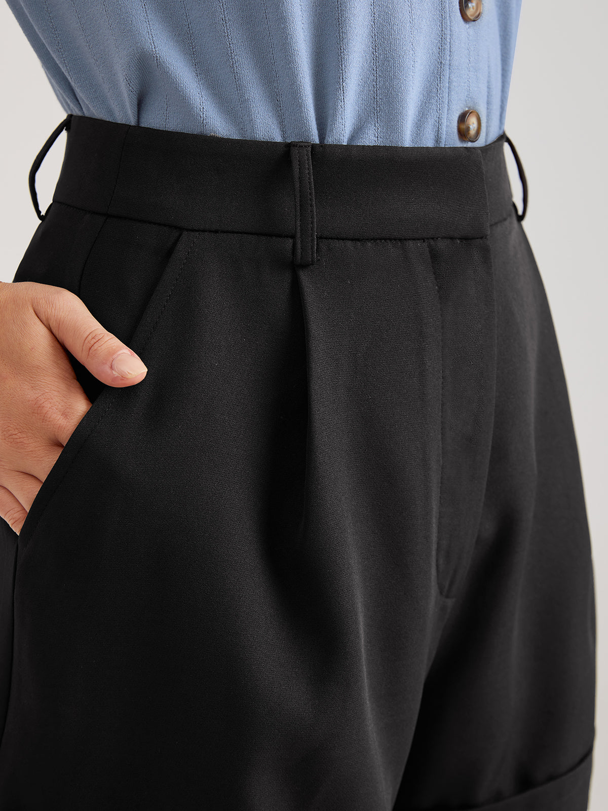 Thecomense - High Waisted Roll Up Hem Trouser Shorts