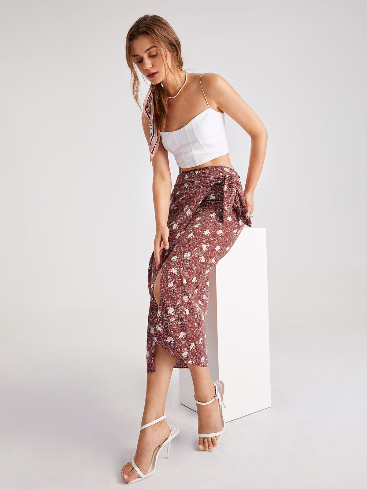Thecomense - High Waisted Floral Belted Slit Wrap Skirt