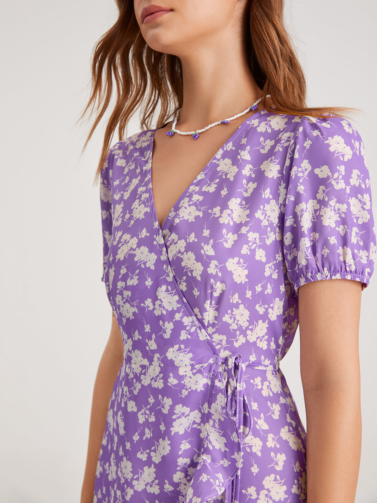 Thecomense - Mauve Sweetheart Floral Ruffle Side Tie Dress