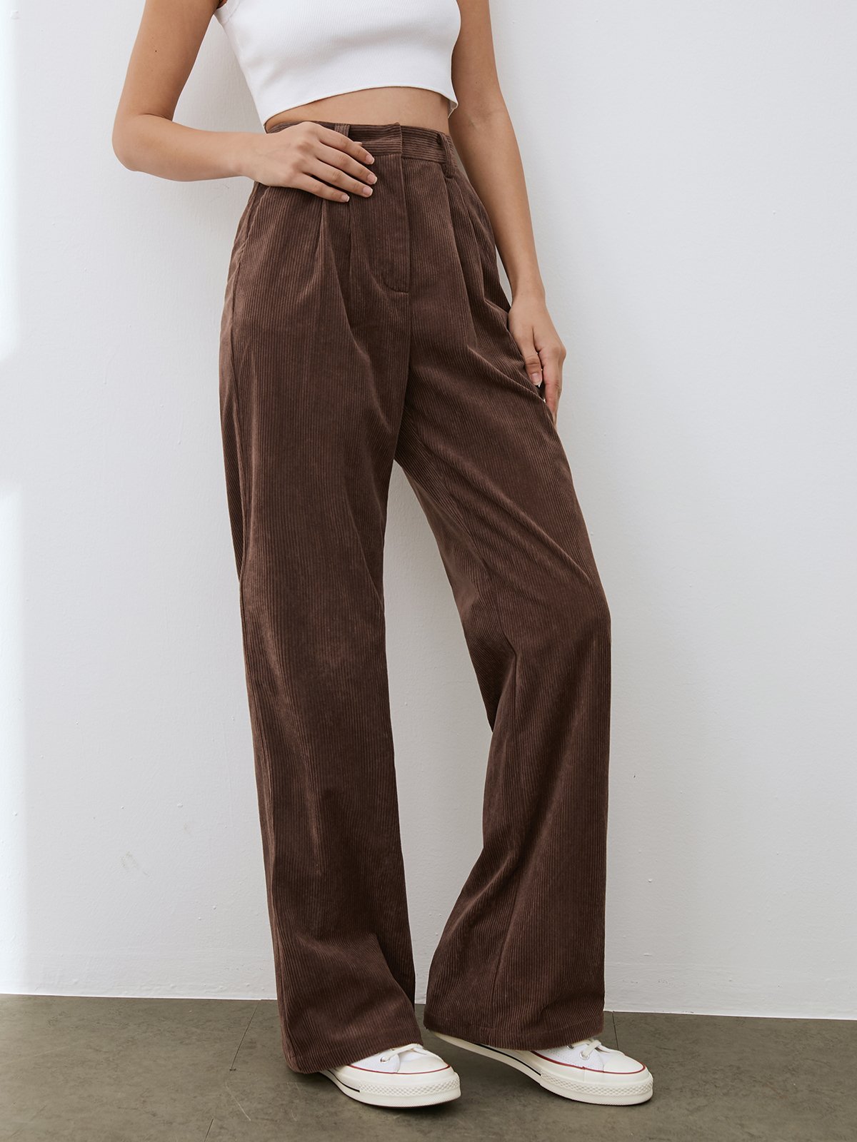 Thecomense - Wide Leg Pleated Corduroy Pants