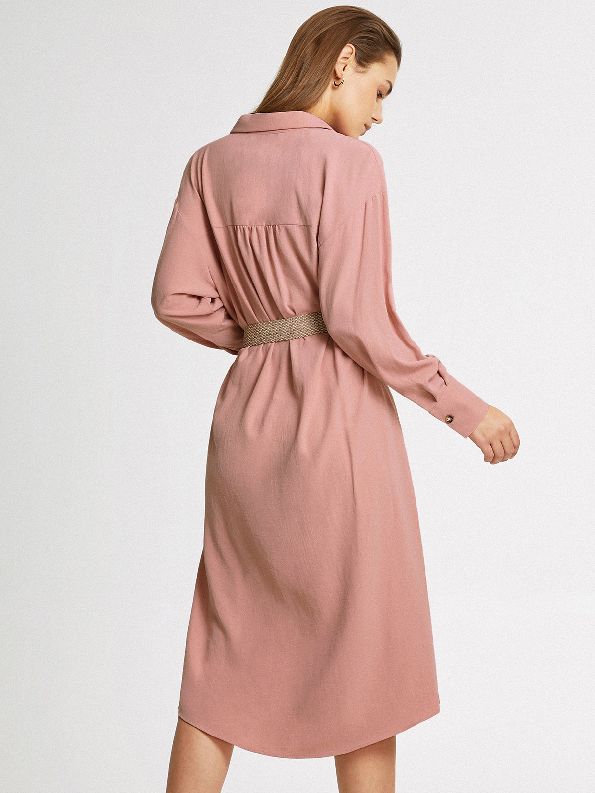 Thecomense - Long Sleeve Button Front Belted Midi Shirt Dress Without Belt
