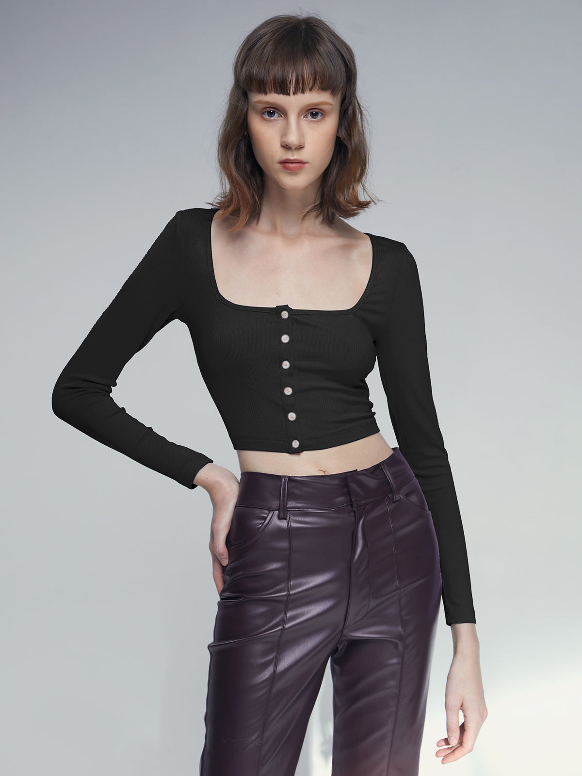 Thecomense - Square Neck Button Front Long Sleeve Top
