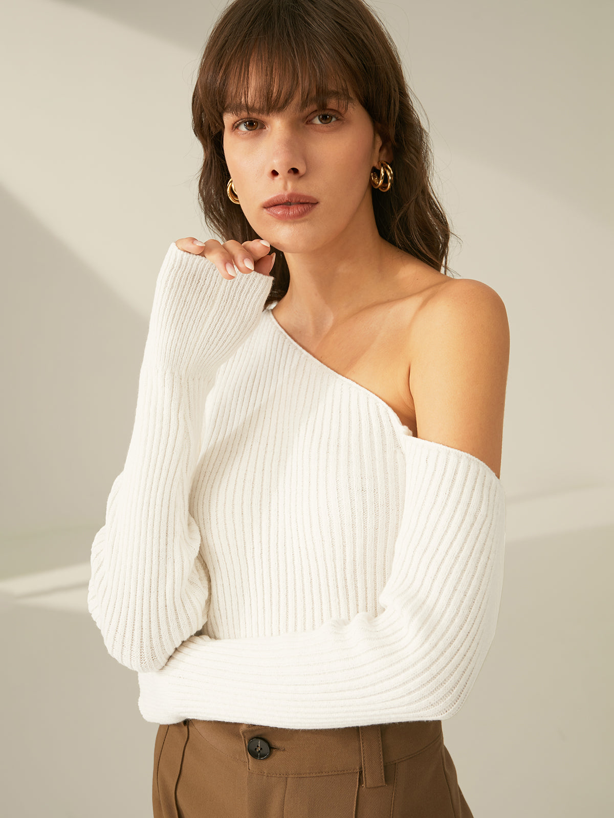Thecomense - One Shoulder Long Sleeve Ribbed Pullover Sweater