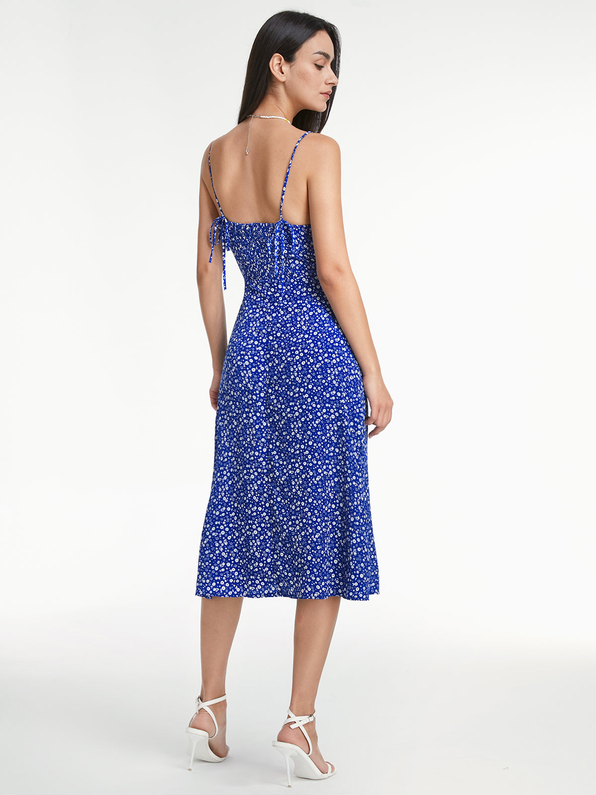 Thecomense - Sweetheart Mini Floral Strap Slit Midi Dress
