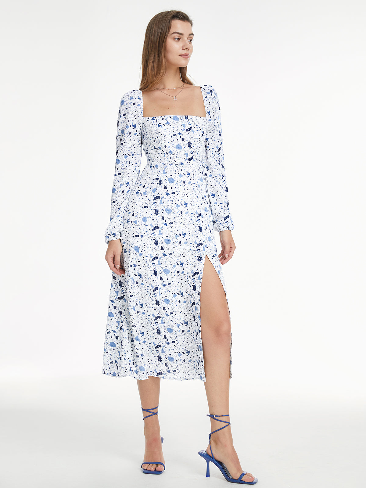 Thecomense - Square Neck Long Sleeve Slit Dress