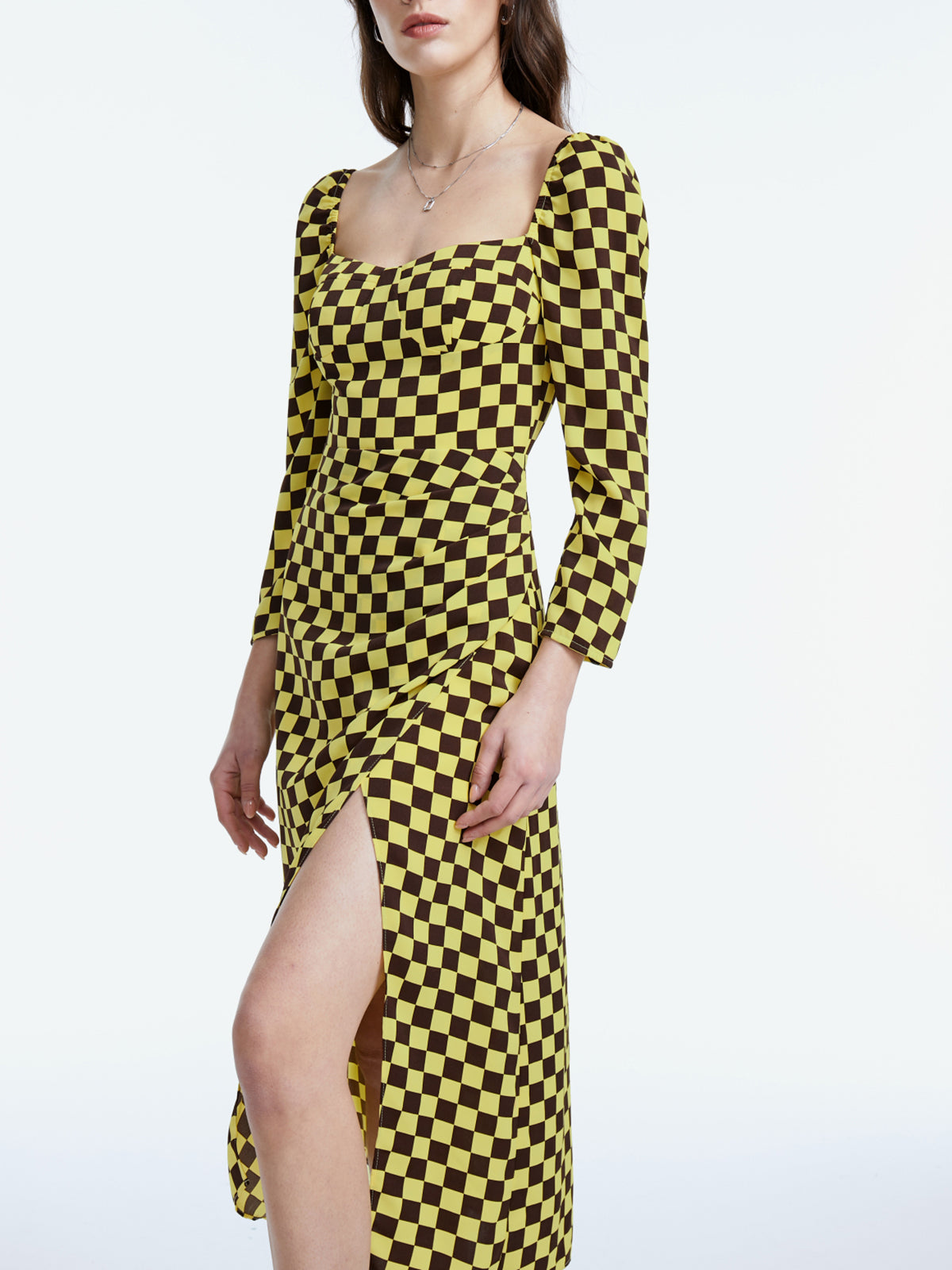 Thecomense - Square Neck Long Sleeve Racer Checkered Midi Slit Dress