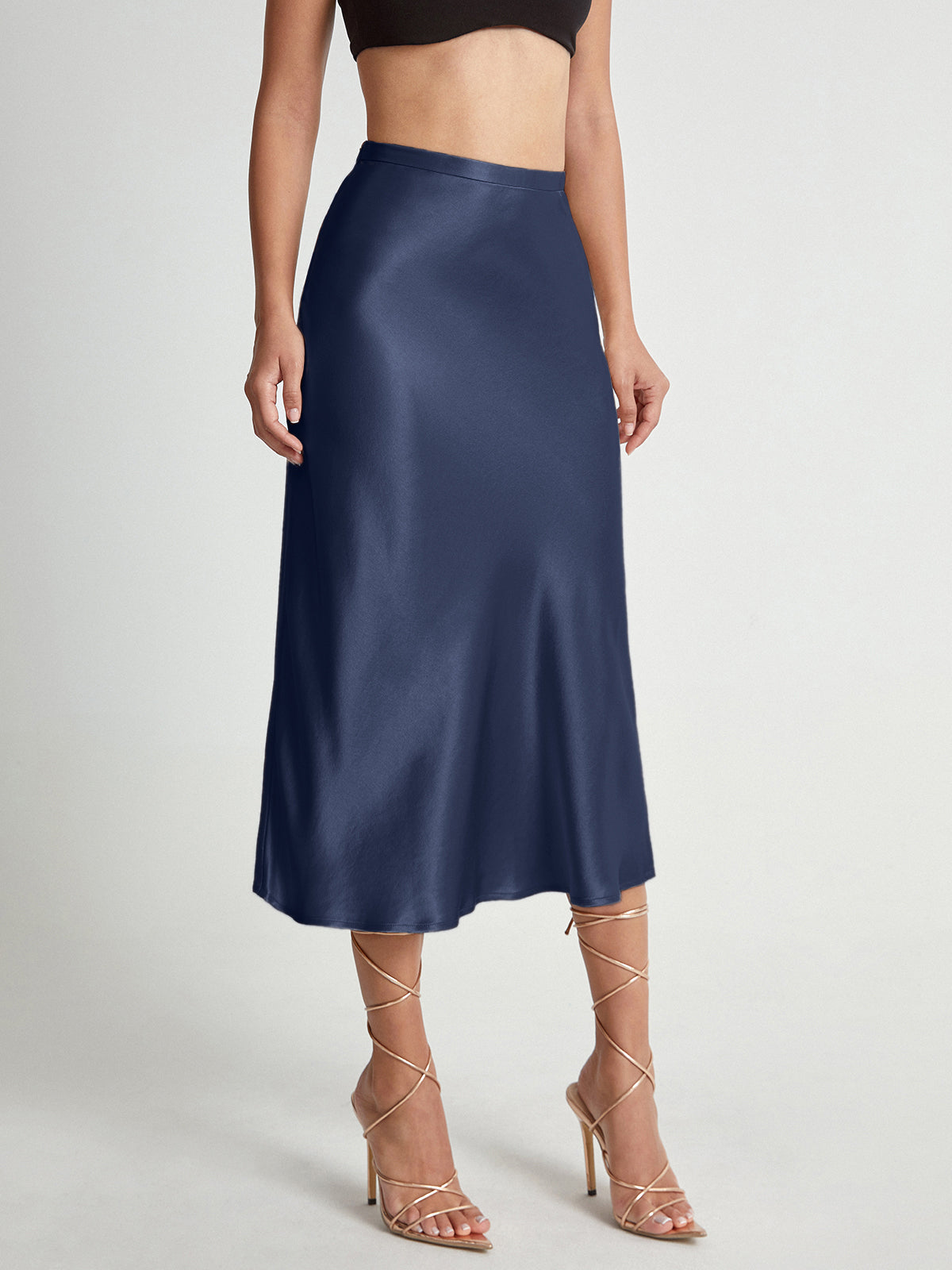 Thecomense - High Waisted Satin Flowy Midi Skirt
