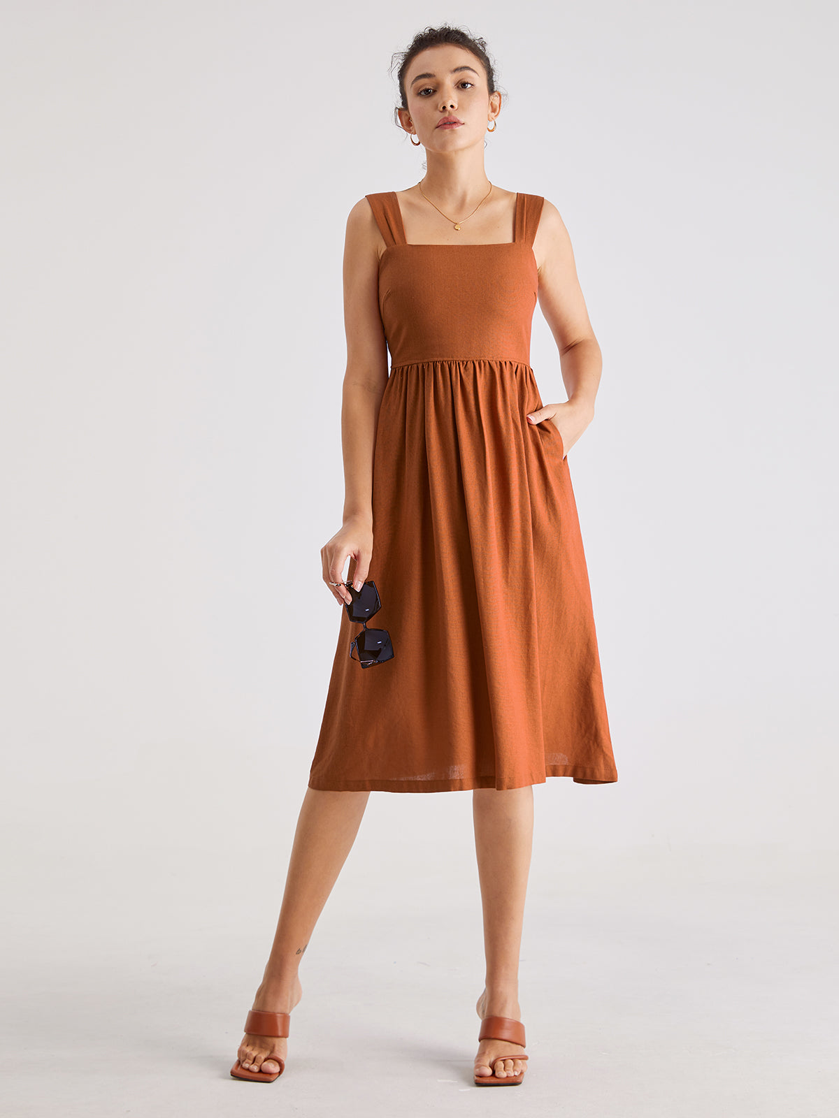 Thecomense - Square Neck A Line Pleat Strap Dress