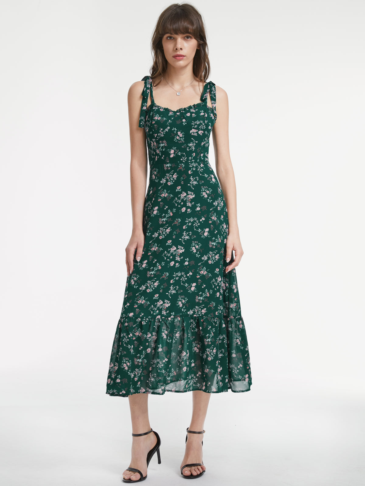 Thecomense - Wide Tie Strap Sweetheart Floral Dress With Ruffle Hem