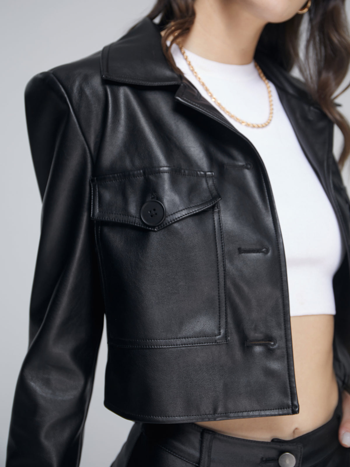 Thecomense - Cropped Double Front Pocket Leather Jacket
