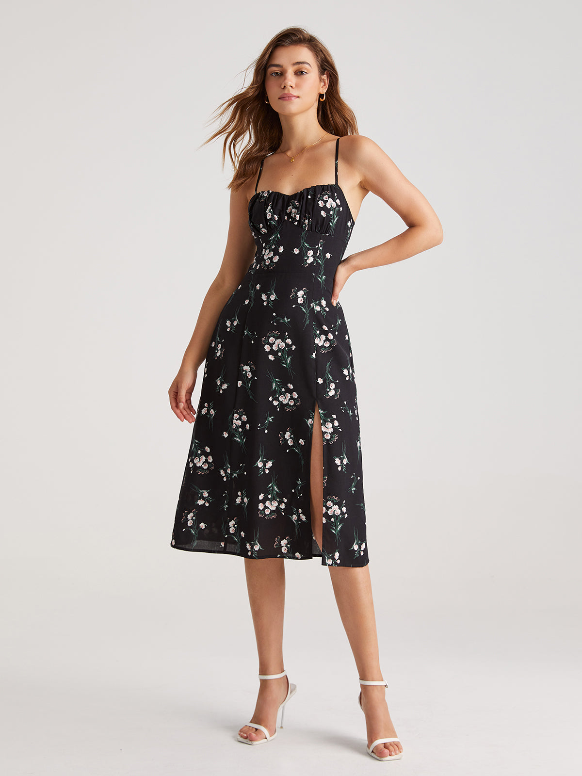 Thecomense - Sweet Pattern Floral Contour Strap Slit Midi Dress