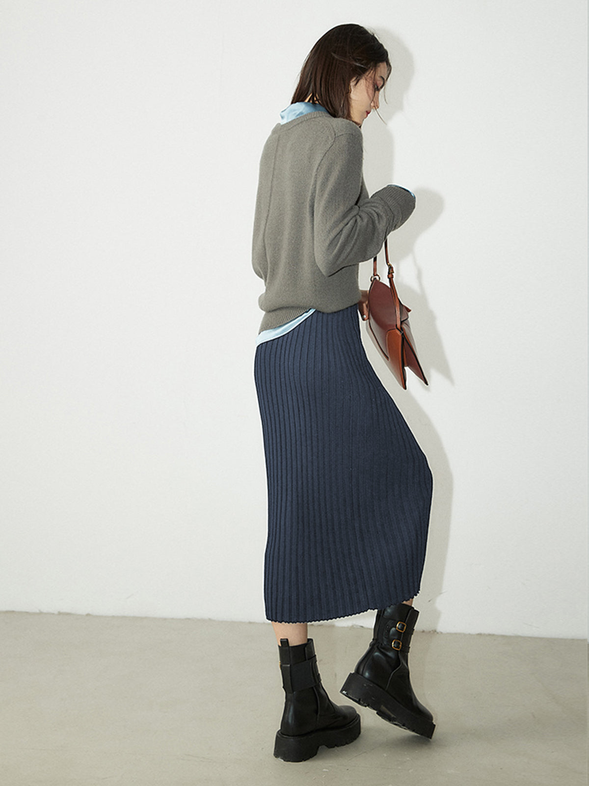 Thecomense - Ribbed Long Knitted Skirt with Slit