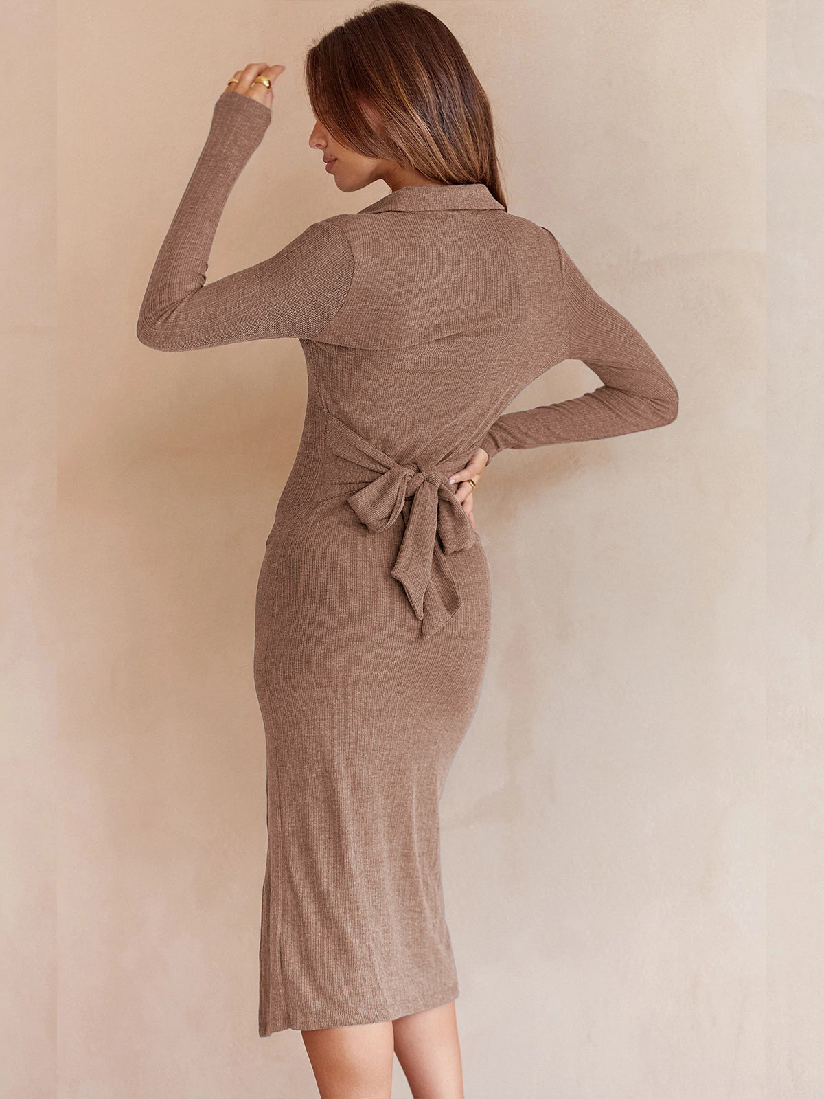 Thecomense - Long Sleeve Button-Front Midi Sweater Polo Dress