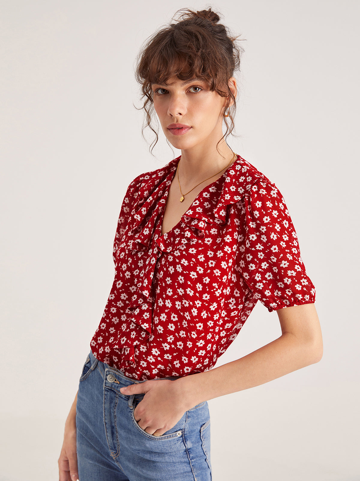 Thecomense - V-Neck Floral Ruffle Top