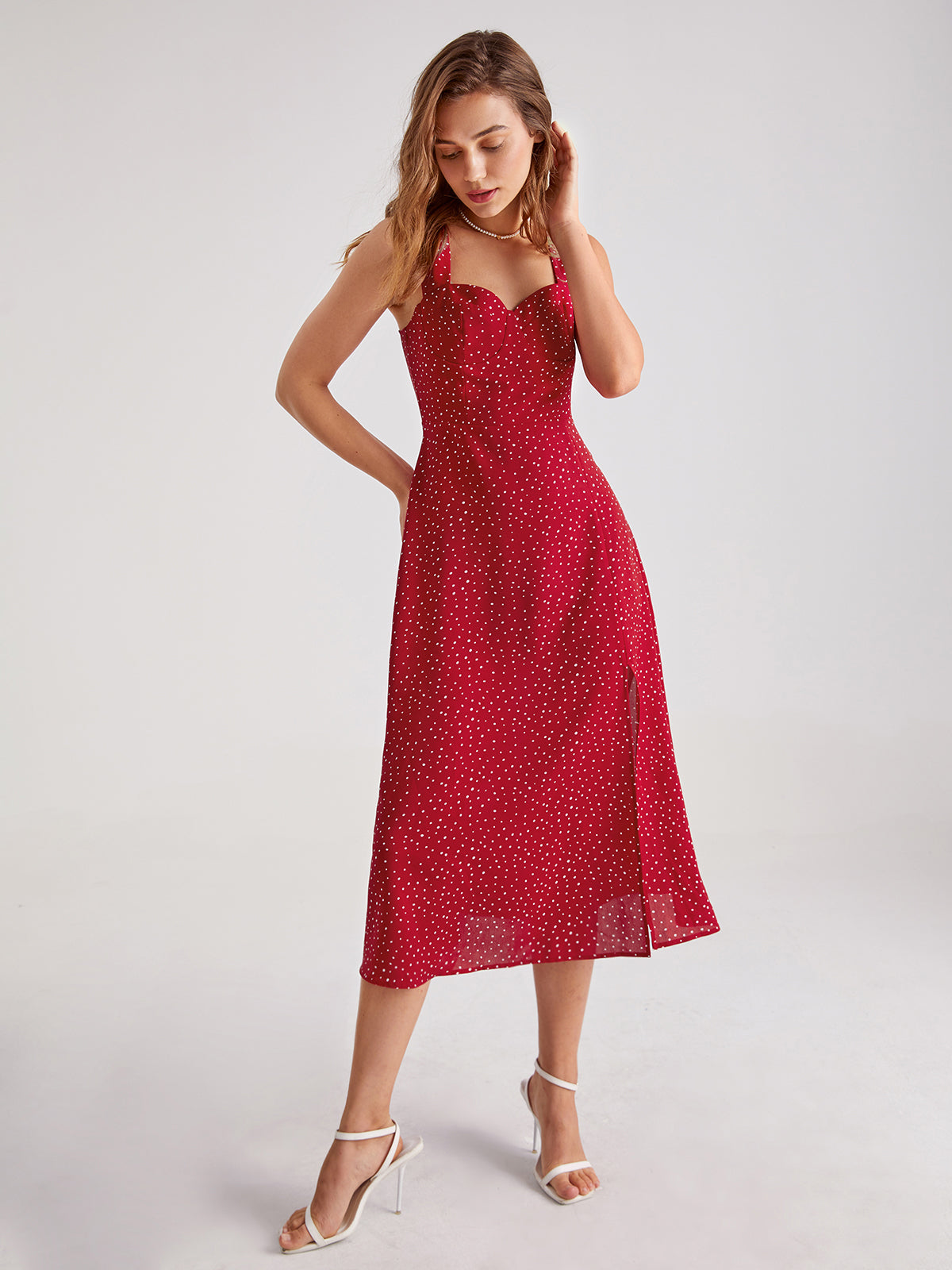 Thecomense - Sweetheart Polka Dot Contour Split Dress
