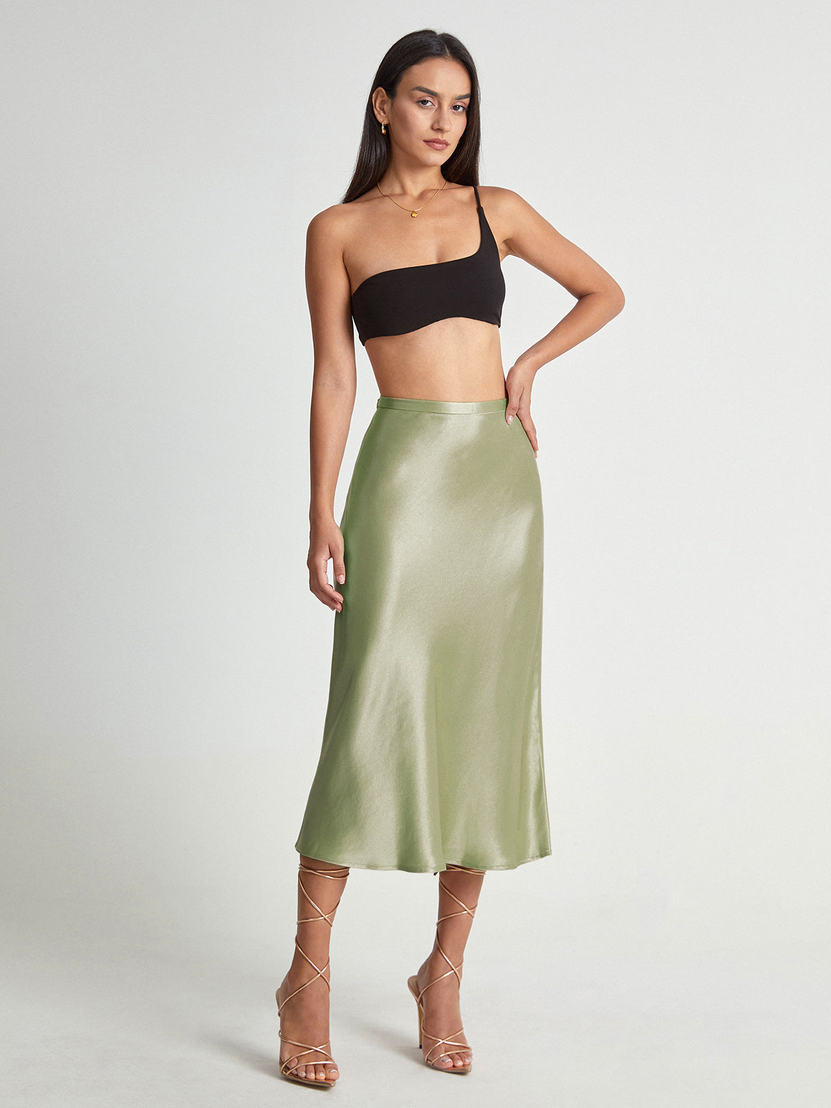Thecomense - High Waisted Satin Flowy Midi Skirt