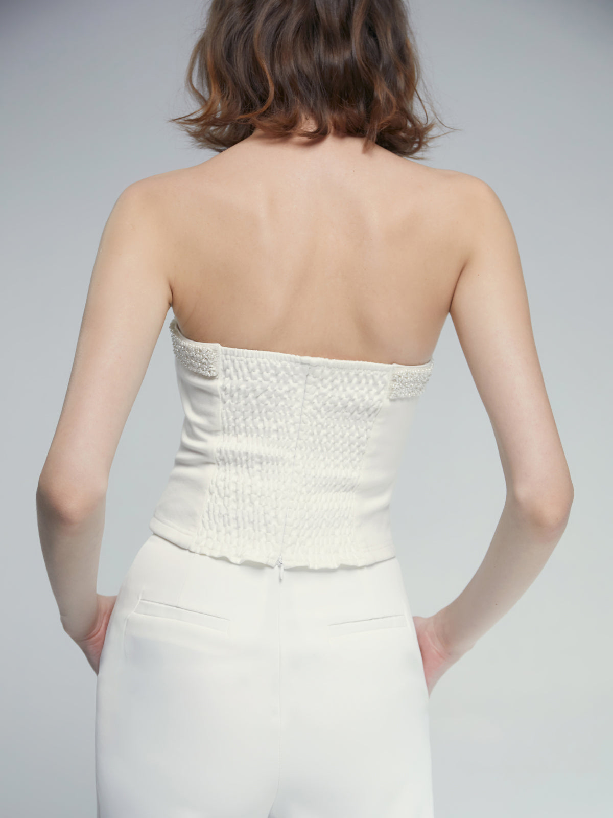 Thecomense - Straight Neck Strapless Top with Jewel Detail