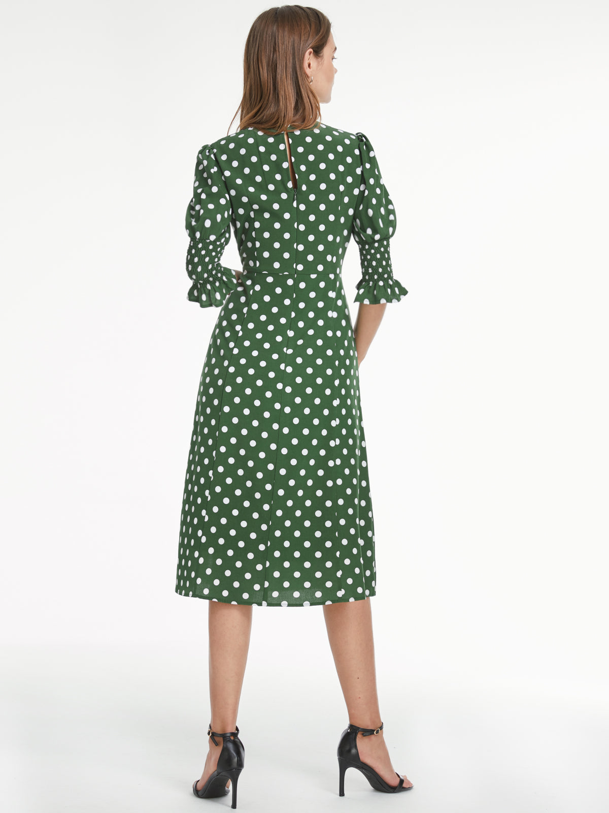 Thecomense - Short Puff Sleeve Straight Neck Polka Dot Slit Dress