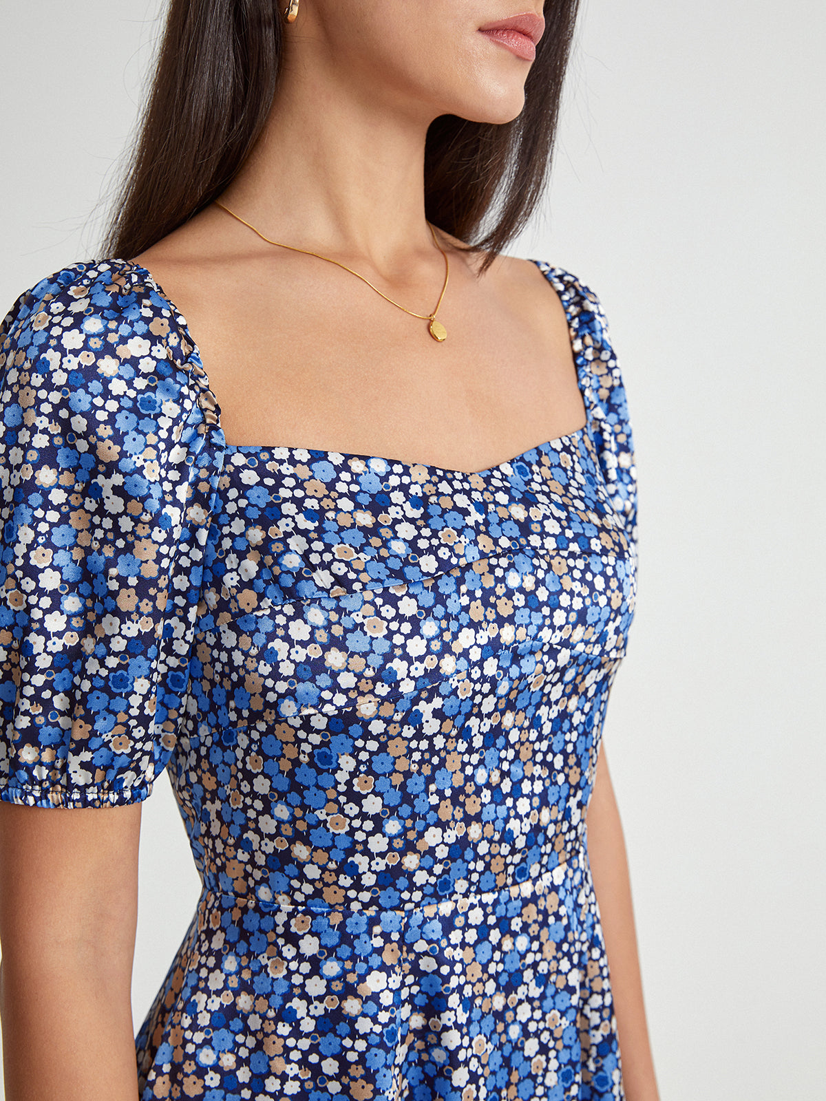 Thecomense - Flower Mosaic Short Puff Sleeve Mini Sun Dress