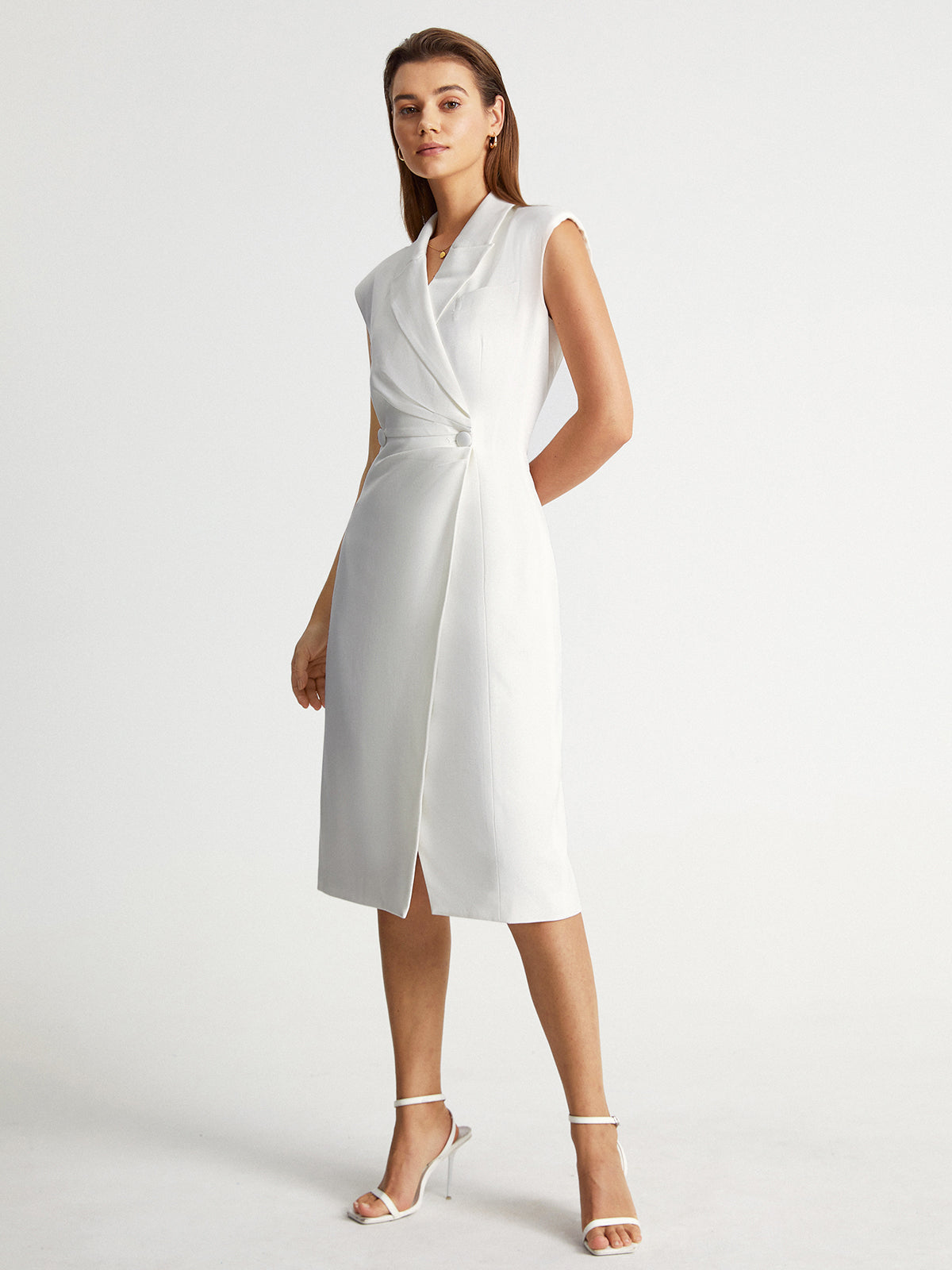 Thecomense - Sleeveless Wrap Lapel Midi Blazer Dress