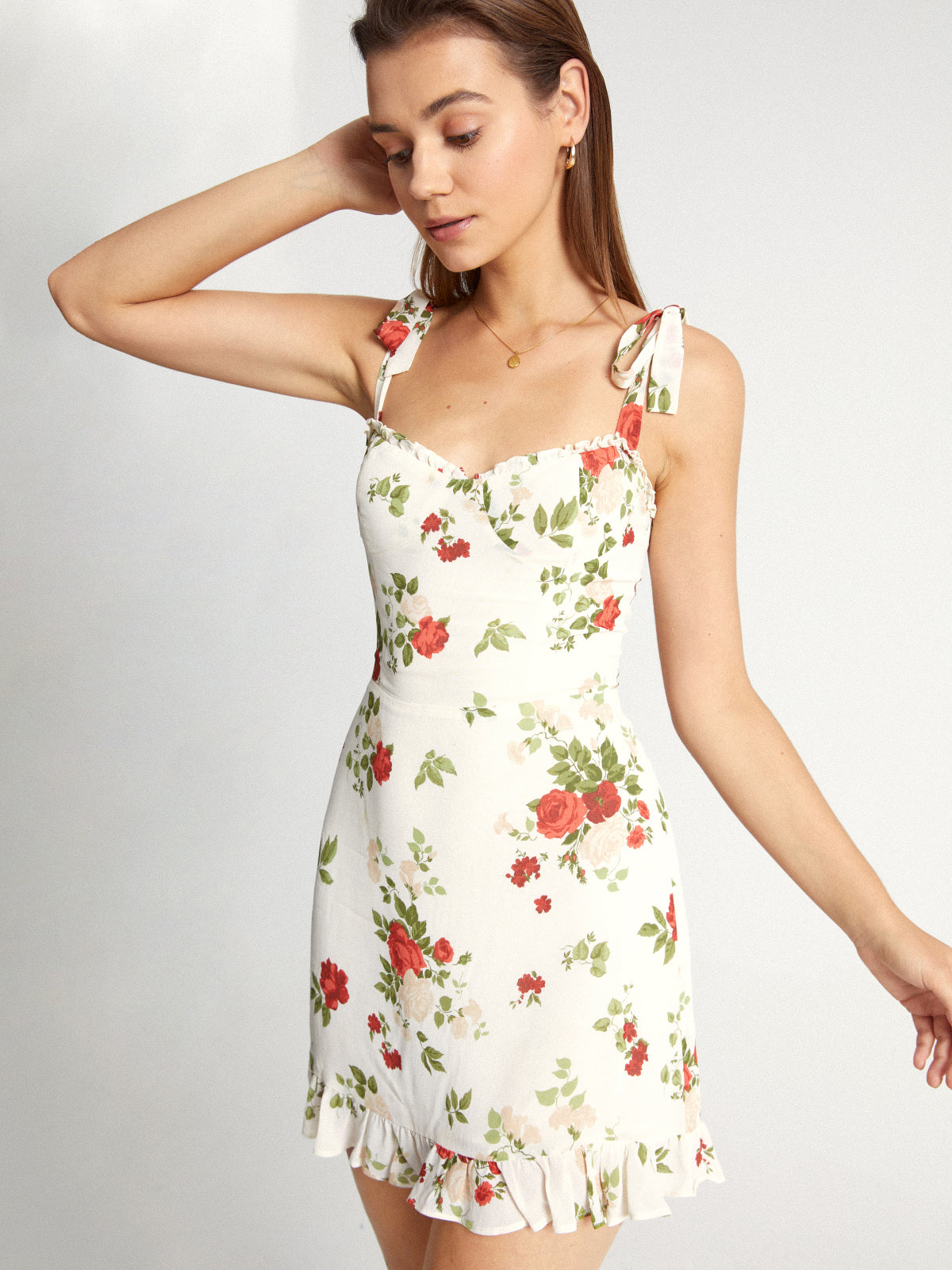 Thecomense - Sweetheart Rose Tie Strap Ruffle Hem Mini Dress